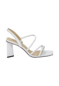 Witte strappy hakken met een vierkante neus en een brede blokhak. De banden zijn slank en minimalistisch, gemaakt van een glad synthetisch materiaal.
