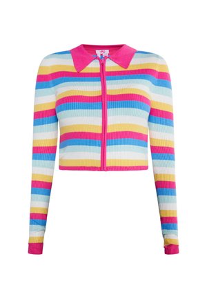 Csíkos, cipzáros pulóver, gallérral, rózsaszín, kék, sárga és fehér vízszintes csíkokkal. Bordás textúra és testhezálló szabás.