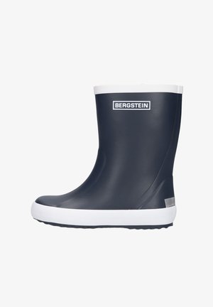 Marineblauwe rubberen regenlaars met witte zool en rand, met het merk "BERGSTEIN" op de bovenkant vooraan.