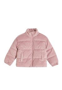 Puffervest i blød pink corduroy, med høj krave, lynlås foran og to påsydede lommer. Let polstret med elastiske manchetter.