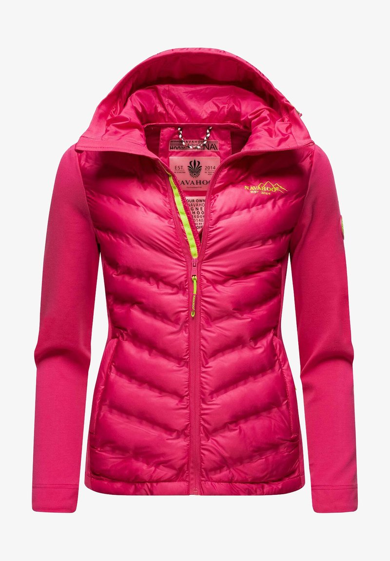 Pink insulated jacket with a zip front, a hood, and contrast green zipper detail. Features a puffy pattern on the torso and smooth sleeves.