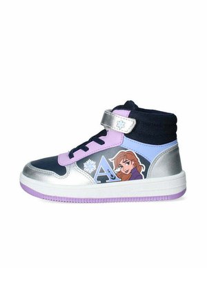 Sneaker mid-top con una toma nera e argento in materiale sintetico, dettagli in viola, caratterizzate da una grafica di un personaggio e chiusura con strap in Velcro.
