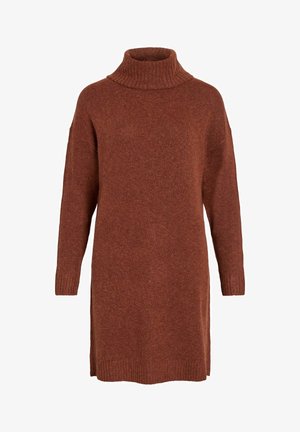 Roodbruin, oversized trui-jurk met een hoge kraag, lange mouwen en geribde manchetten. Gemaakt van een gestructureerd brei-materiaal.