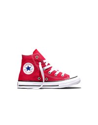Zapatilla Converse Chuck Taylor All Star de caña alta en rojo, con cordones blancos, suela de goma y logo de estrella azul en el parche del tobillo.