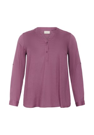 Pikkade varrukatega mauve värvi pluus, V-kaelusega, kahe ees oleva nööbiga, nööbiga nööridega varrukatel ning lõdva istuvusega.