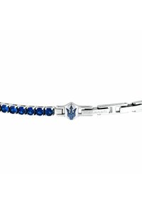 Bracciale d'argento con cristalli blu, dotato di chiusura con logo a tridente e link metallici. Il design è elegante con posizionamenti di gemme alternati.