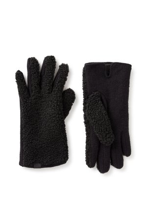 Coppia di guanti in pile neri, uno mostra il lato esterno strutturato, l'altro mostra il lato interno liscio con dettaglio del pollice, su sfondo bianco.