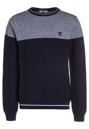 Sweter dziany w kolorze granatowym i szarym z teksturowaną górną częścią klatki piersiowej, prążkowanymi rękawami, okrągłym dekoltem i małym haftowanym logo na lewej piersi.