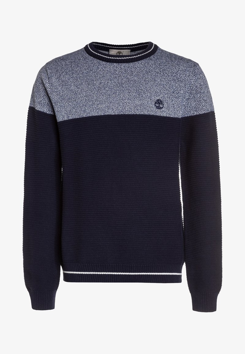 Pull en maille bleu marine et gris avec poitrine supérieure texturée, manches côtelées, col rond et petit logo brodé sur la poitrine gauche.