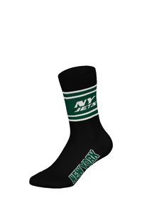 Černá kotníková ponožka s žebrovaným lemem, zdobená zelenobílými pruhy a textem "NY JETS" na přední straně a "NEW YORK" na boku.