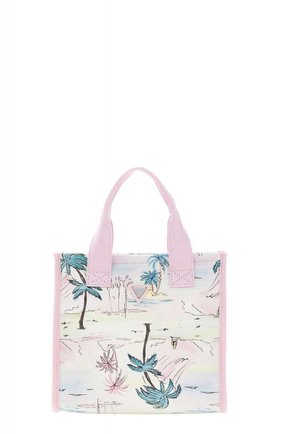 Petit sac fourre-tout avec poignées et bordures roses, avec un imprimé tropical pastel de palmiers et un logo triangulaire discret.