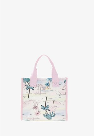 Petit sac fourre-tout avec poignées et bordures roses, avec un imprimé tropical pastel de palmiers et un logo triangulaire discret.