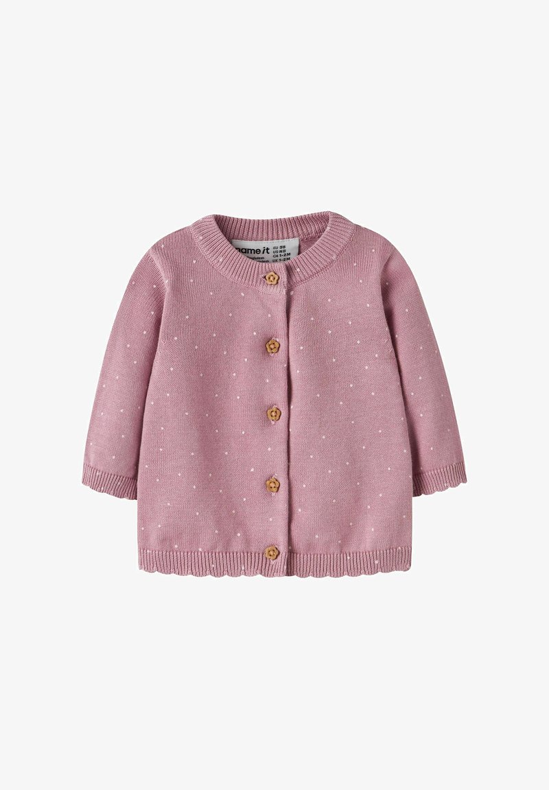 Cardigan bébé rose avec petits pois blancs, boutons en bois en forme de fleur, col, poignets et ourlet côtelés, taille 56 pour bébé de 1 à 2 mois.