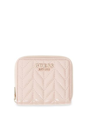 Pink quilted zip-around wallet with gold "GUESS EST 1981" logo on front and chevron stitching pattern.