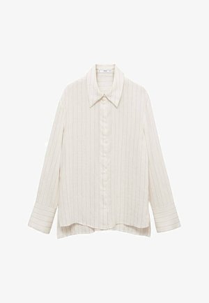Lys beige stribet langærmet skjorte med spids krave, knaplukning og forlængede manchetter; lavet af et struktureret stof.