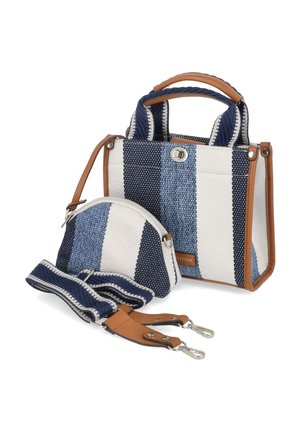 Handtasche und passende Tasche in Marineblau, Weiß und hellblauen vertikalen Streifen mit tannfarbenen Ledergriffen und abnehmbarem Riemen.