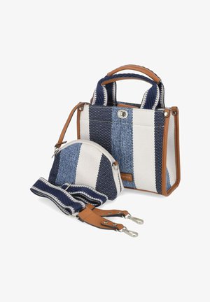 Handtasche und passende Tasche in Marineblau, Weiß und hellblauen vertikalen Streifen mit tannfarbenen Ledergriffen und abnehmbarem Riemen.