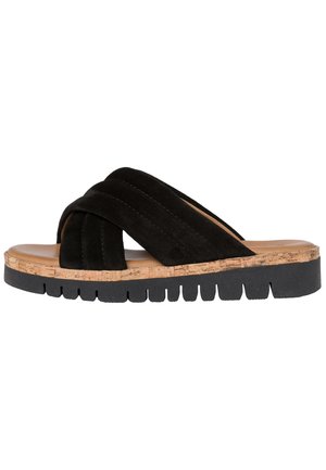 Black suede slide sandal with crisscross straps, cork midsole, and textured rubber outsole featuring deep grooves for grip.