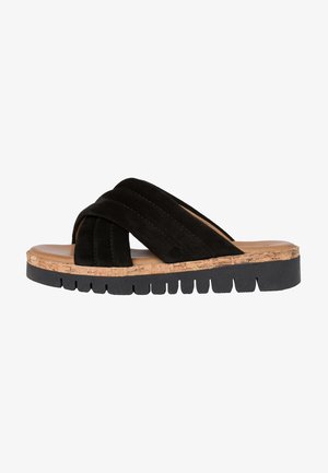 Black suede slide sandal with crisscross straps, cork midsole, and textured rubber outsole featuring deep grooves for grip.