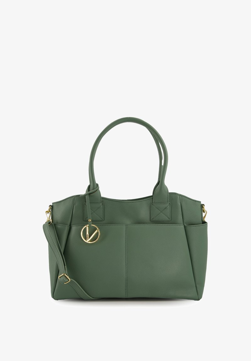 Grøn læderhåndtaske med dobbelte håndtag, forgyldte detaljer, struktureret form og udvendig lomme. Har en tekstureret overflade.