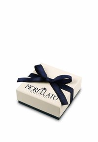 Scatola regalo bianca con un nastro navy, con una base navy e un logo stampato "MORELLATO VENEZIA 1930" sul coperchio.