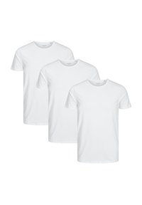 Trois t-shirts en coton blanc à manches courtes et col rond, présentant une texture lisse et des coutures régulières, exposés ensemble.