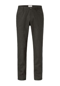 Dark gray trousers with a smooth texture, tailored fit, and a button closure. Features belt loops and discreet side pockets.