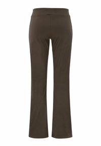 Braune, ausgestellte Hosen aus dehnbarem Stoff mit glatter Textur und breitem Bund, in einfarbiger Ausführung ohne sichtbare Muster.