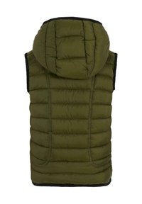 Gilet imbottito verde oliva con cappuccio. Superficie текстurizzata con canali cuciti. Accenti neri lungo i bordi. Senza maniche.