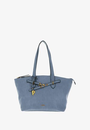 Sac fourre-tout en cuir bleu avec deux poignées, featuring accents en quincaillerie dorée et une sangle décorative. Texture lisse et design minimaliste.