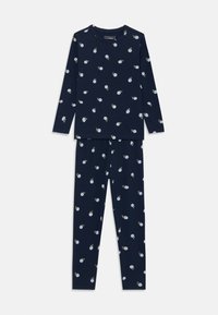 Marineblauw pyjama set van katoen, met lange mouwen en broek, versierd met kleine witte bloempatronen.