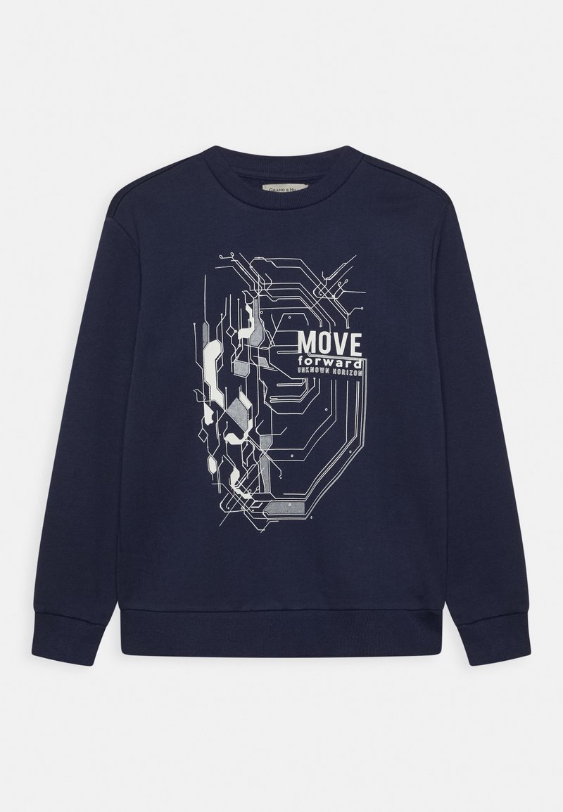 Sweat-shirt bleu marine en coton doux, présentant un design graphique texturé de motifs de circuits, avec le texte « AVANCEz. »