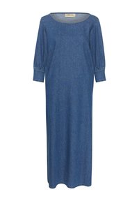 Denim mekko, jossa on avara kaula-aukko, kolmannen neljänneksen hihat ja rento fit, joka on yksivärinen sininen ja jossa on ommeltuja helman yksityiskohtia.
