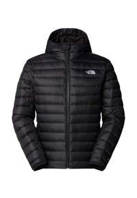 Black puffer jacket with hood, horizontal quilted design, zip front, and logo on the left chest. Smooth, shiny fabric with elastic cuffs.