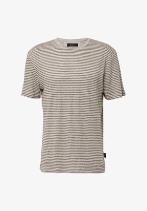 T-shirt beige à manches courtes avec de fines rayures foncées, col rond et texture douce. Présente une petite étiquette de marque sur le côté inférieur.