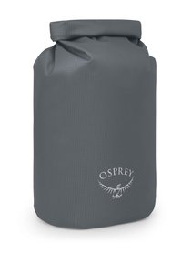 Borsa impermeabile grigia con chiusura a rotolo, realizzata in materiale resistente, con una texture a griglia e il logo Osprey stampato in bianco sulla parte anteriore.