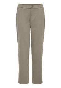 Helle olivgrüne Hose aus weichem Stoff, mit geradem Bein, Knopfverschluss und zwei vorderen Taschen.