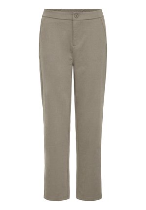 Világos olajzöld nadrág puha anyagból, egyenes lábváltozattal, gombos záródással és két elülső zsebbel.