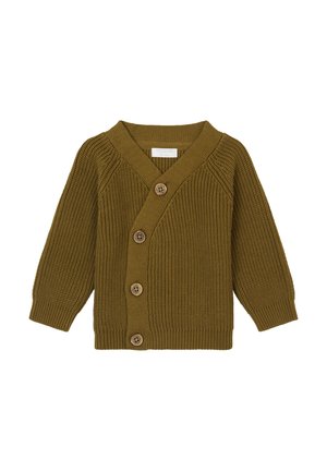 Olivgrüner Strickcardigan mit V-Ausschnitt, langen Ärmeln, geripptem Design und vier Holzknöpfen auf der Vorderseite.