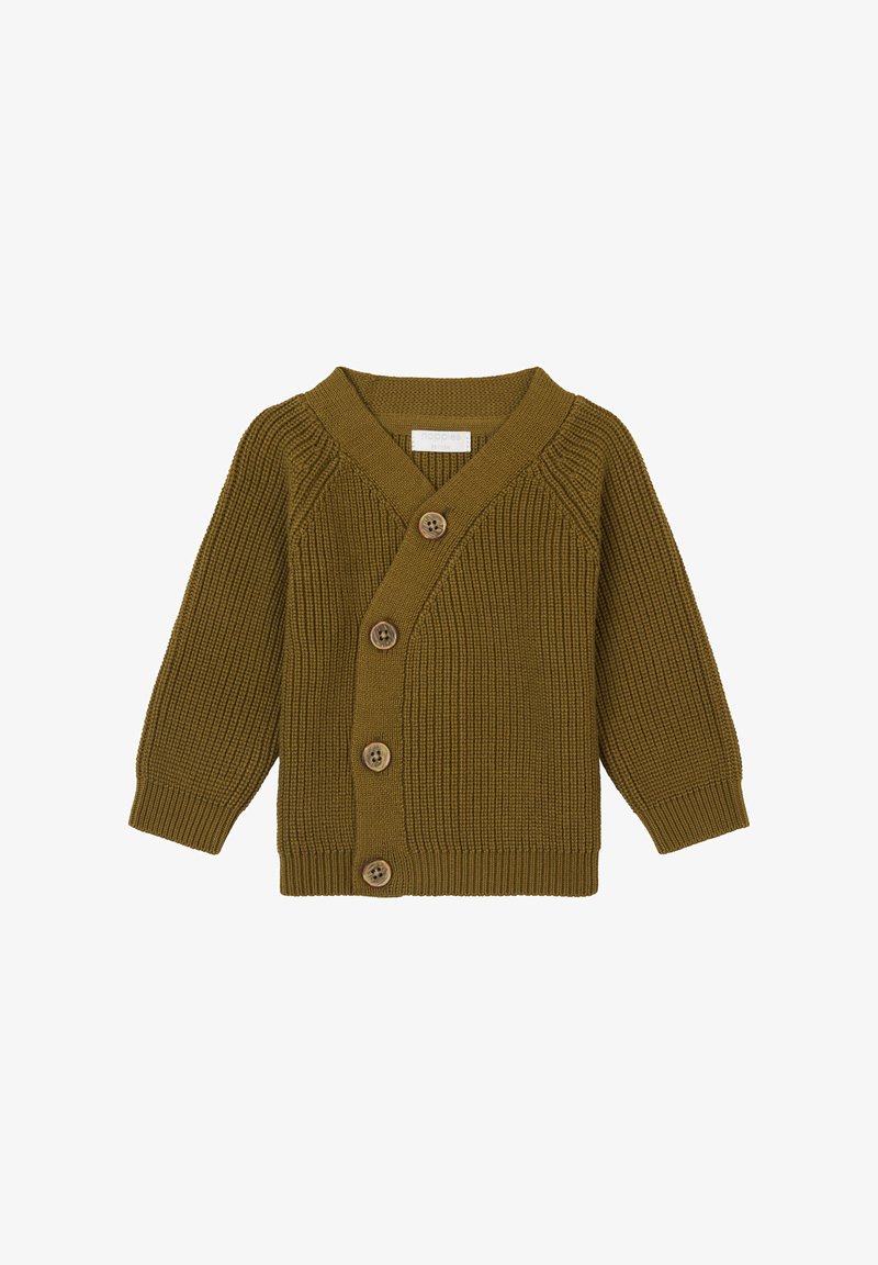 Olivgrüner Strickcardigan mit V-Ausschnitt, langen Ärmeln, geripptem Design und vier Holzknöpfen auf der Vorderseite.