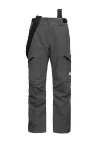 Pantaloni da sci grigi con bretelle regolabili, molteplici tasche con zip e una vestibilità ampia. Realizzati in materiale resistente all'acqua con una texture liscia.