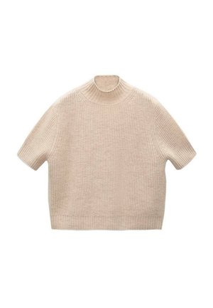 Pull en maille beige à manches courtes avec col montant côtelé et ourlet côtelé, posé à plat sur un fond blanc.