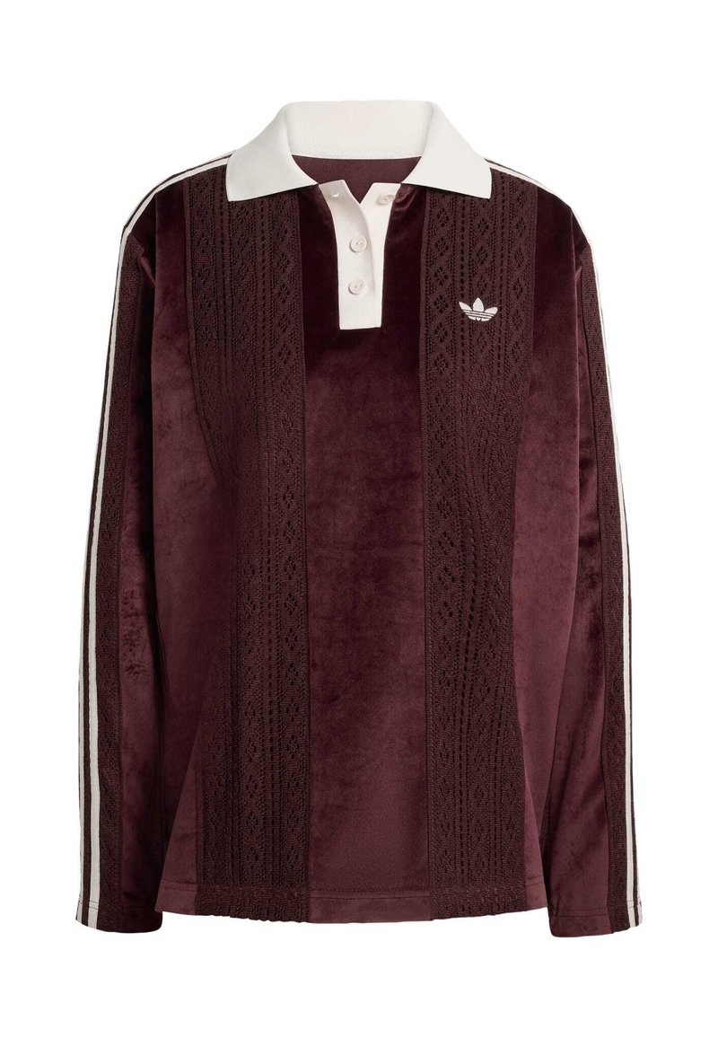 Lange mouwen maroon velours polo shirt met witte kraag, knoopsluiting, getextureerde verticale strepen, Adidas-logo en witte zijstrepen.