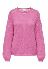 Rosa gestrickter Pullover mit langen Ärmeln, rundem Ausschnitt und lockerer Passform. Strukturierter Stoff mit geripptem Saum und Bündchen.