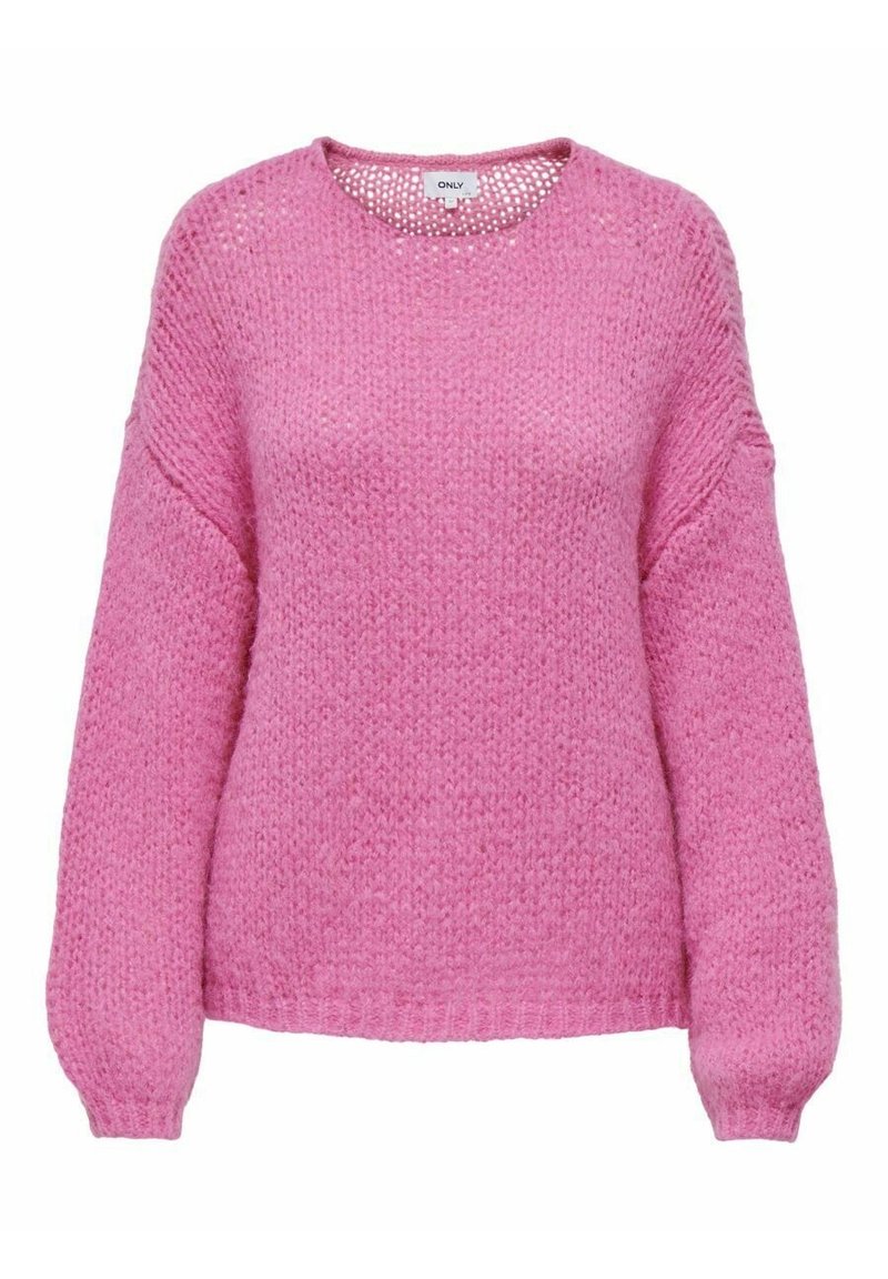 Rosa gestrickter Pullover mit langen Ärmeln, rundem Ausschnitt und lockerer Passform. Strukturierter Stoff mit geripptem Saum und Bündchen.