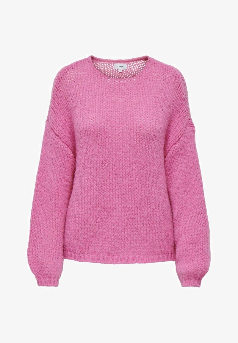 Rosa gestrickter Pullover mit langen Ärmeln, rundem Ausschnitt und lockerer Passform. Strukturierter Stoff mit geripptem Saum und Bündchen.