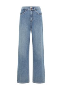 Jeans blu a gamba larga realizzati in denim, con vita alta, design a cinque tasche e cuciture a contrasto lungo le cuciture.