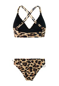 Bikiny s leopardím vzorom, vrchný diel s prekríženými ramienkami a spodný diel s bočnými väzbami na bielom pozadí.