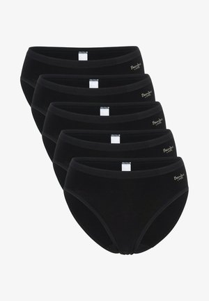 Black cotton bikini briefs set of five, featuring a smooth texture, elastic waistband, and a small logo accent. No visible patterns.