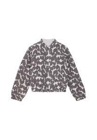 Kurtka bombka pikowana w szarym i białym wzorze liści, z okrągłym dekoltem, zatrzaskami oraz elastycznymi mankietami i dołem.